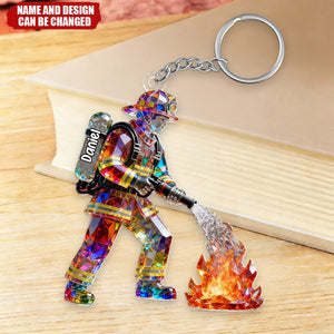 Firefighter Figurine Stained Glass Crystal Effect - Personalized Keychain