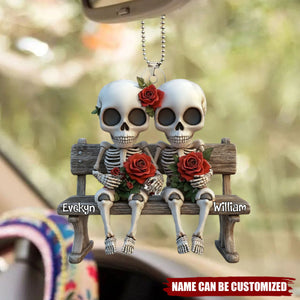 Skull Couple With Red Roses - Personalized Couple Car Ornament