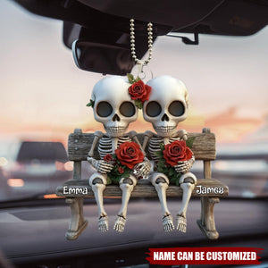 Skull Couple With Red Roses - Personalized Couple Car Ornament