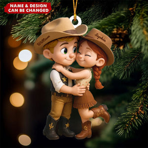 Cartoon Style Countryside Couple Cowboy Cowgirl Accessories Personalized Christmas Ornament
