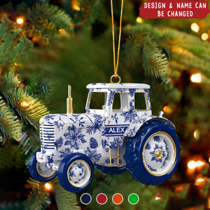 Personalized Tractor Ornament, Blue Toile de Jouy Floral Farm Design With Gold Details