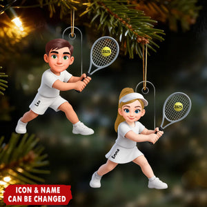 Christmas Girl Boy Playing Tennis - Personalized Acrylic Ornament - Gift For Tennis Players, Grandson, Granddaughter