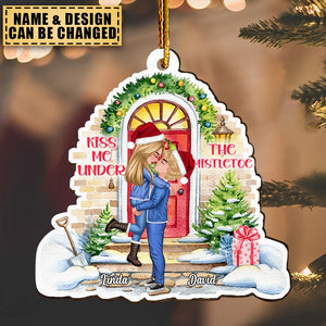 Kiss Me Under The Mistletoe - Gift For Couples - Personalized Wood Shaped Ornament