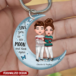 Christmas Doll Couple Standing Hugging On Moon Personalized Keychain