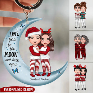 Christmas Doll Couple Standing Hugging On Moon Personalized Keychain