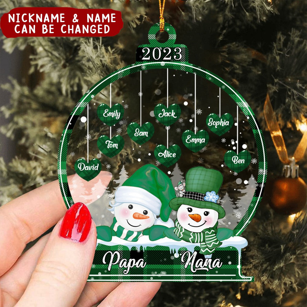 Sparkling Christmas Snowman Papa Nana Dad Mom Heart Kids In Snowball - Personalized Ornament