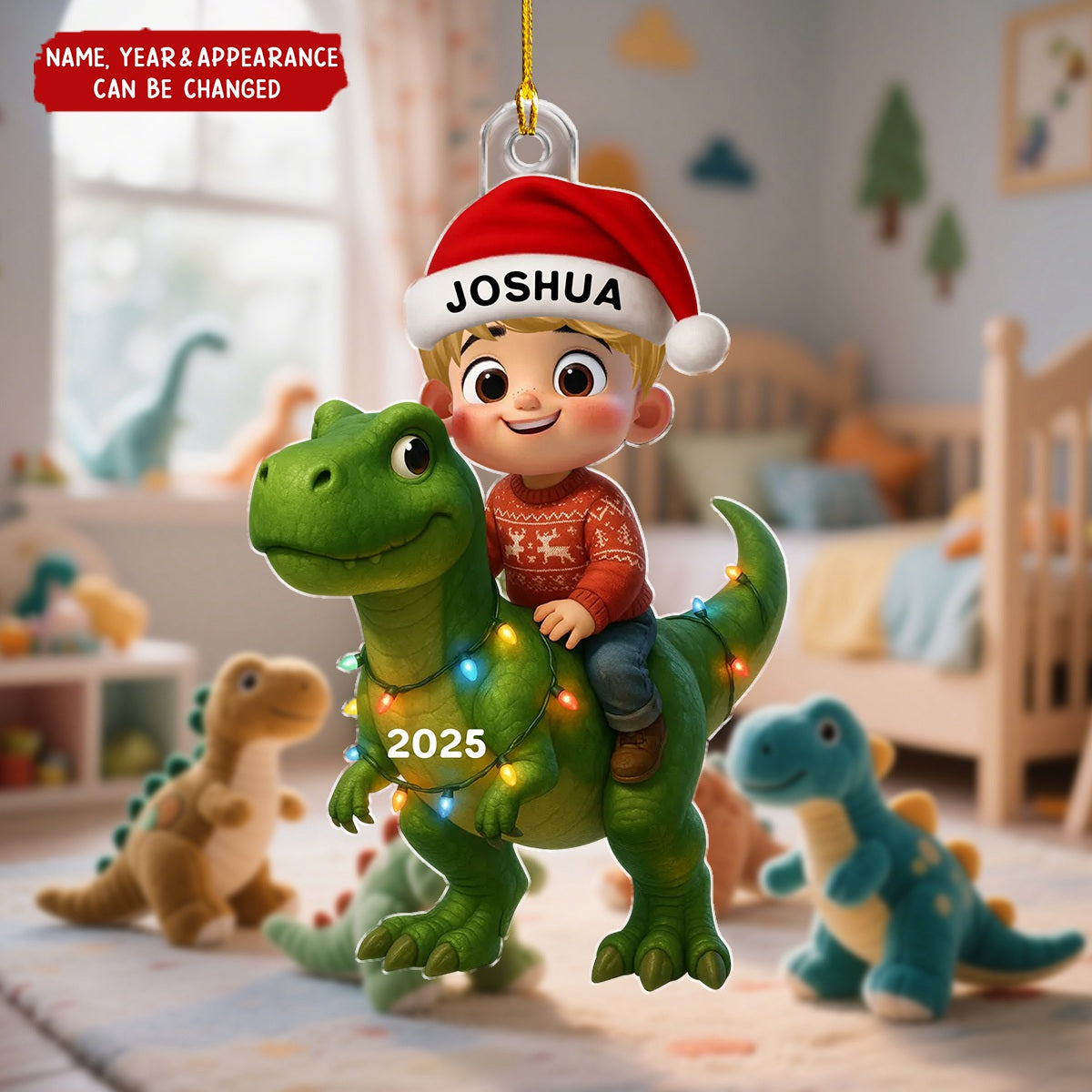 Cute Cartoon Kid With Dinosaur - Personalized Christmas Acrylic Ornament