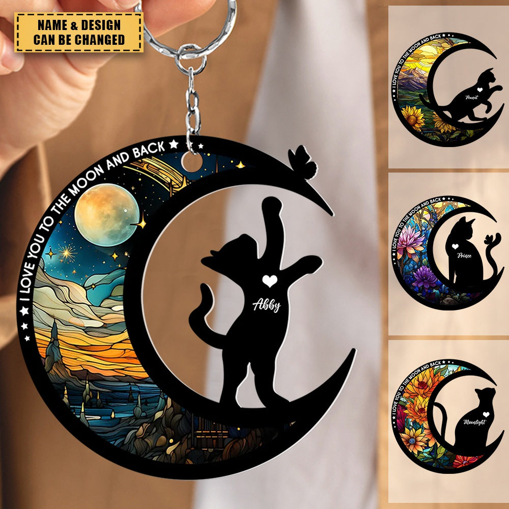 Cat Love To The Moon Personalized Memorial Keepsake Keychain