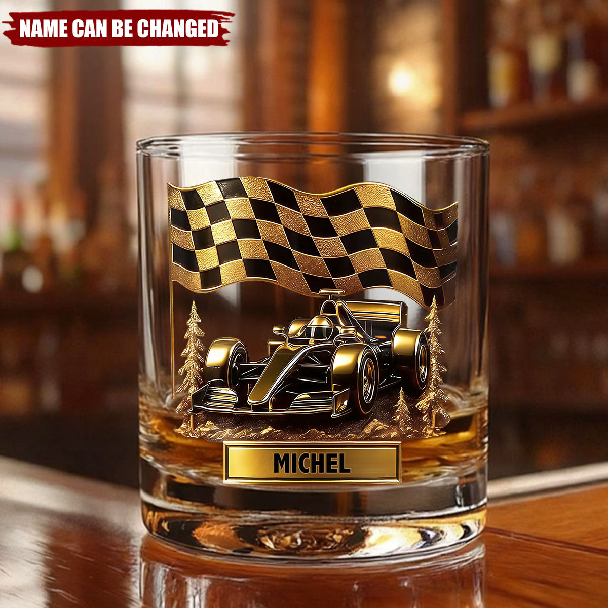 Cherish Your Victories, Celebrate Your Passions, Race Car And Checkered Flag Whiskey Glass