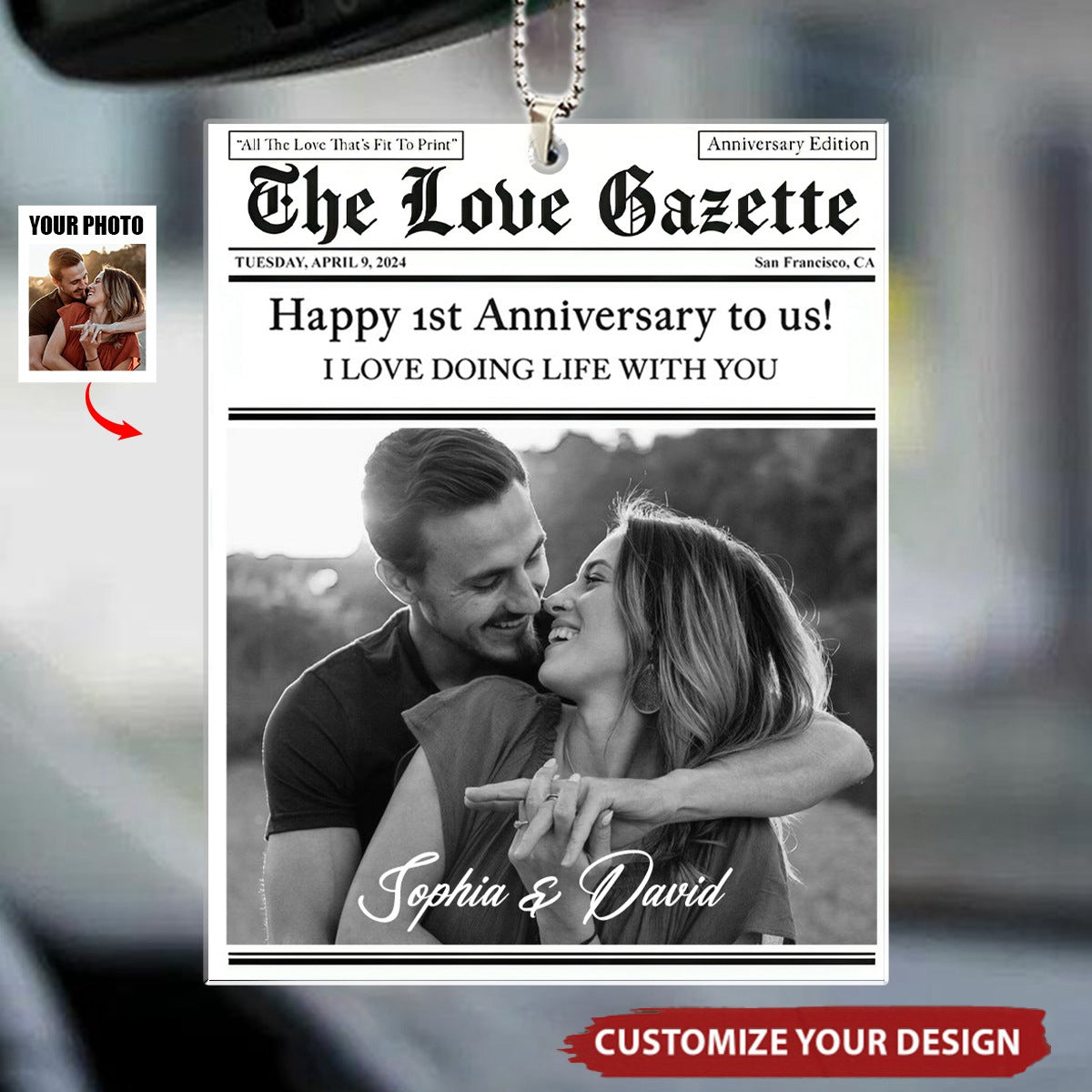 Custom Photo Couple Anniversary Newspaper - Personalized Car Ornament