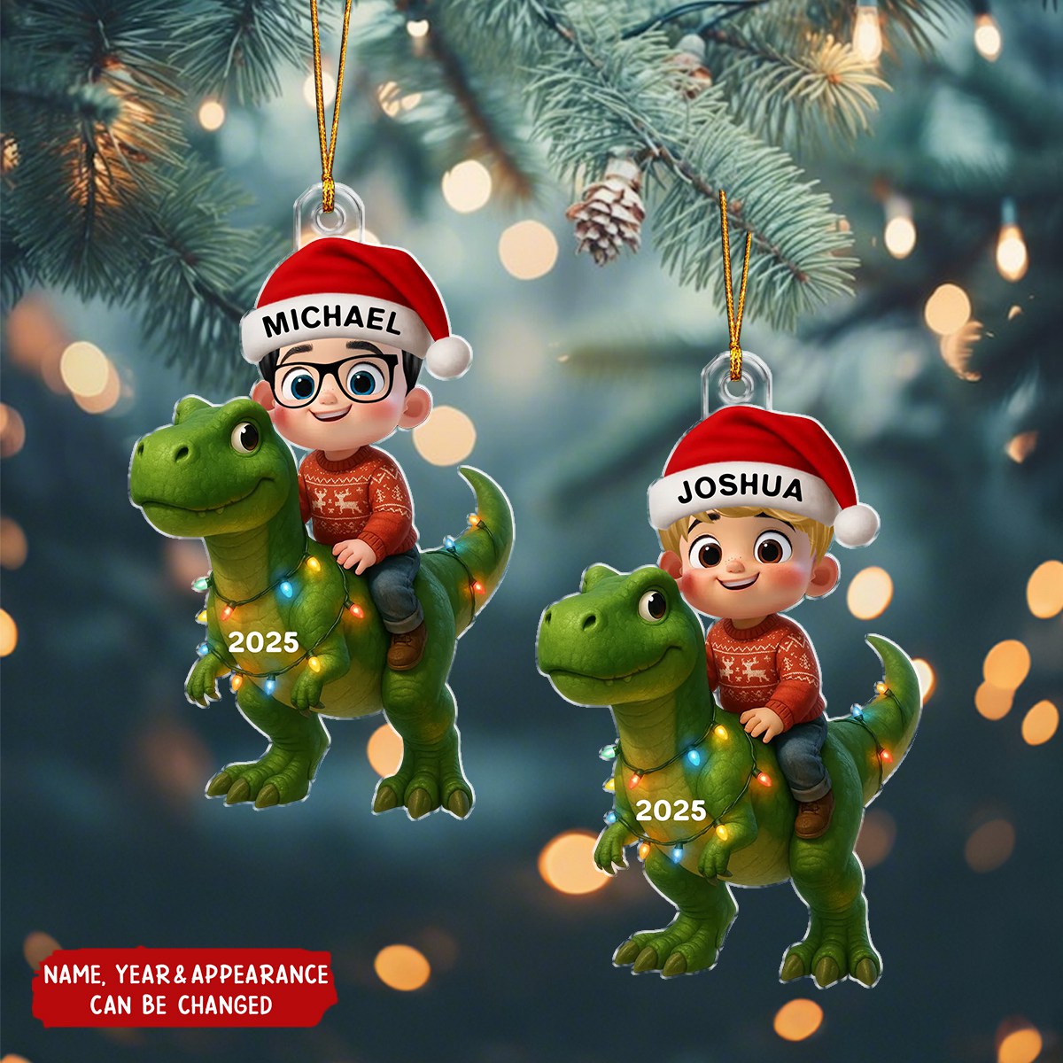 Cute Cartoon Kid With Dinosaur - Personalized Christmas Acrylic Ornament