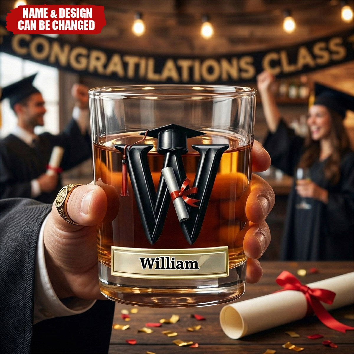 Personalized Graduation Cap Initial Whiskey Glass - Gift For Graduates & Whiskey Lovers