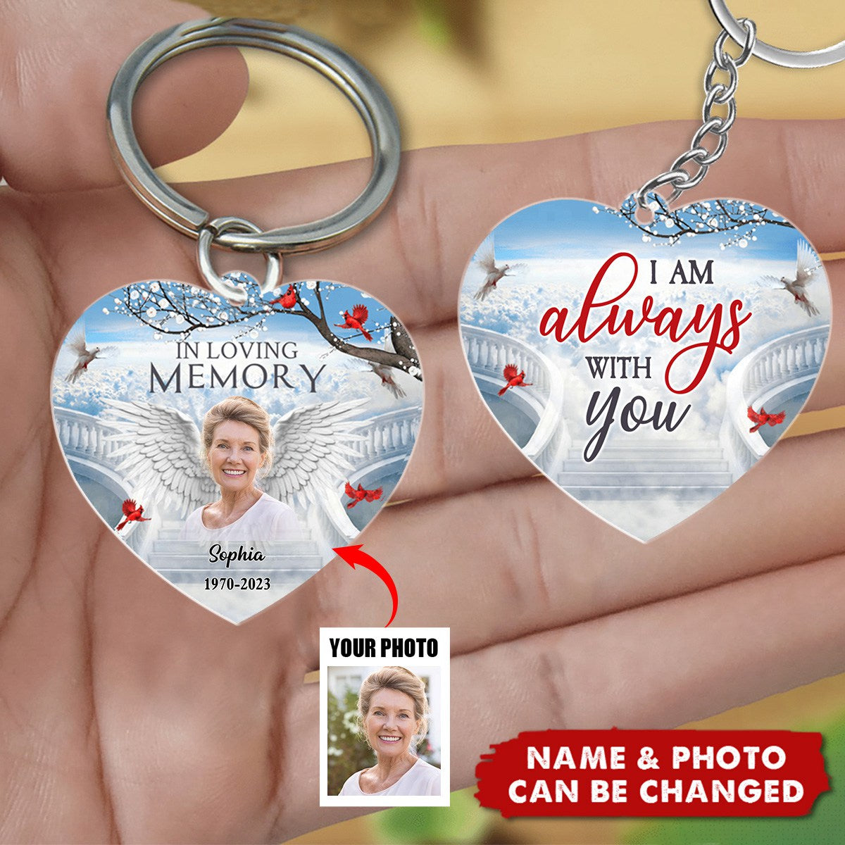 Memorial Upload Photo Wings Heaven, Those We Love Don't Go Away They Walk Beside Us Everyday Personalized Keychain