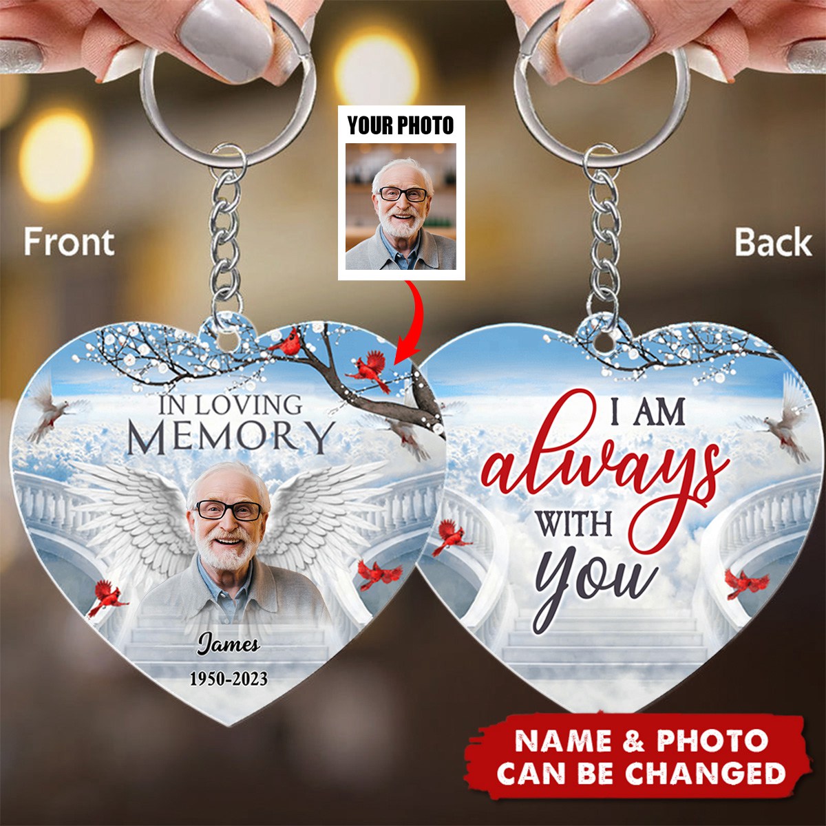 Memorial Upload Photo Wings Heaven, Those We Love Don't Go Away They Walk Beside Us Everyday Personalized Keychain