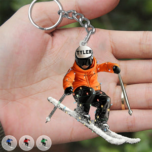 Funny Skiing Personalized Name Shaped Acrylic Keychain - Gift For Skiing Lovers