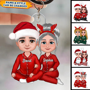 Perfect Gifts For Couple - Christmas Couple Sitting Hugging Christmas Gift Personalized Keychain