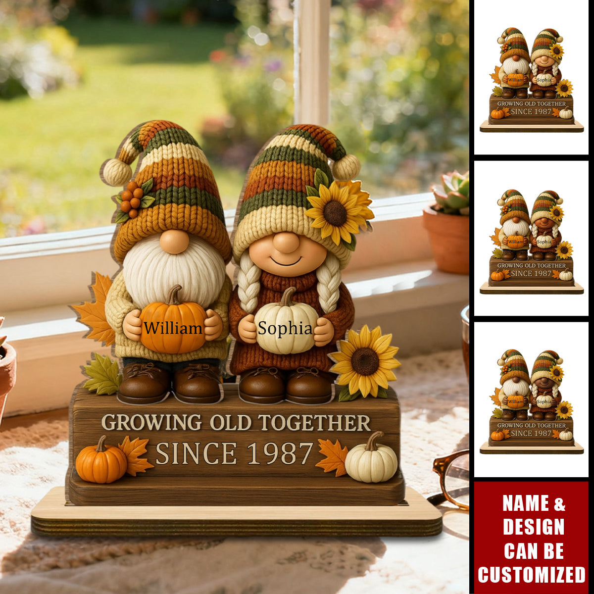 Growing Old Together, Gnome Couple With Sunflowers And Pumpkins - Personalized Standing Wooden Plaque