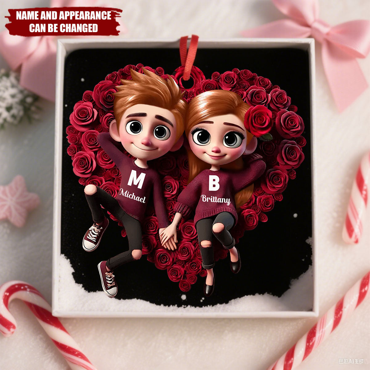 Rose Heart Couple - Personalized Christmas Acrylic Ornament, Valentine's Day Gift for her, Gift for him