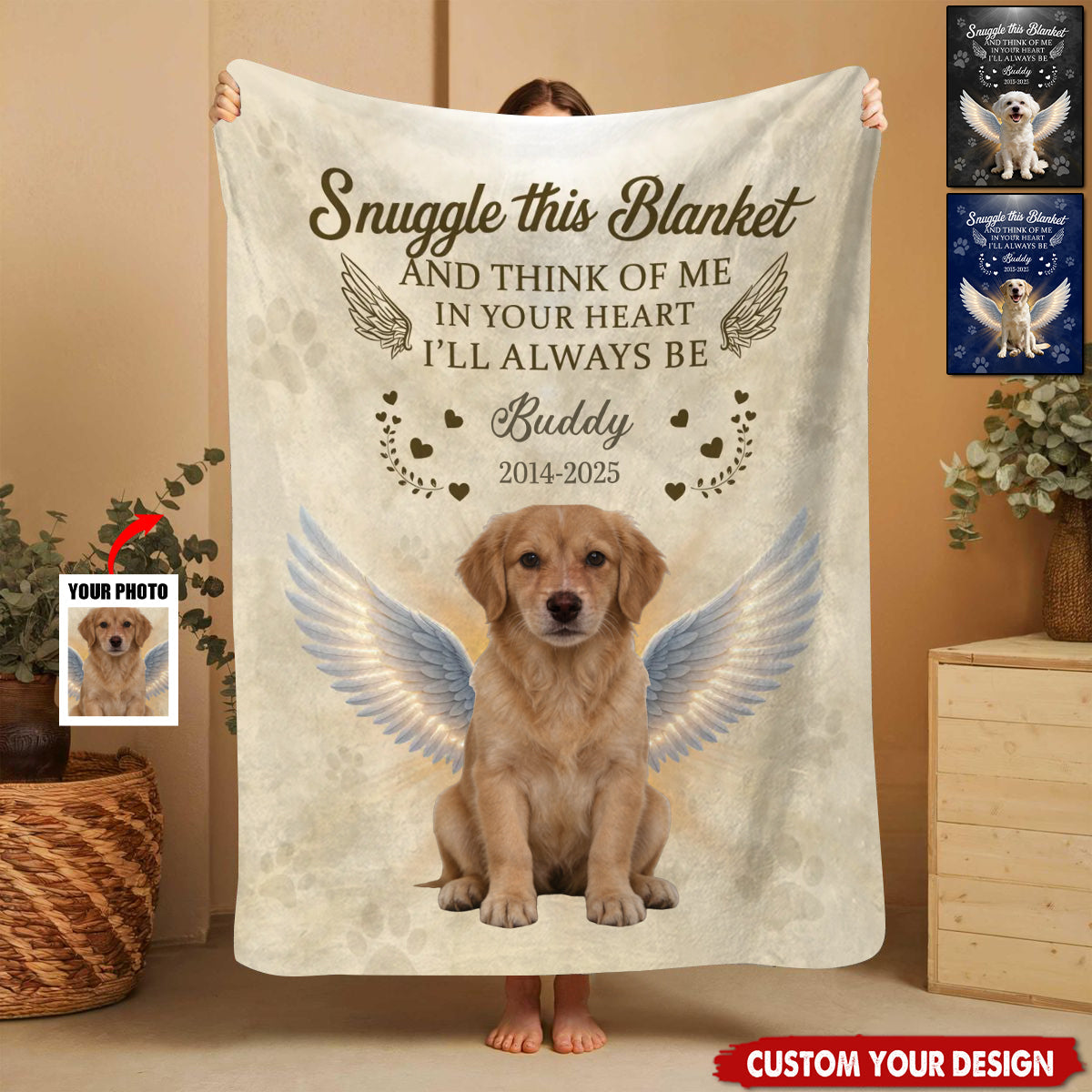 Snuggle This Blanket And Think Of Me - Personalized Angel Dog Memorial Photo Custom Blanket