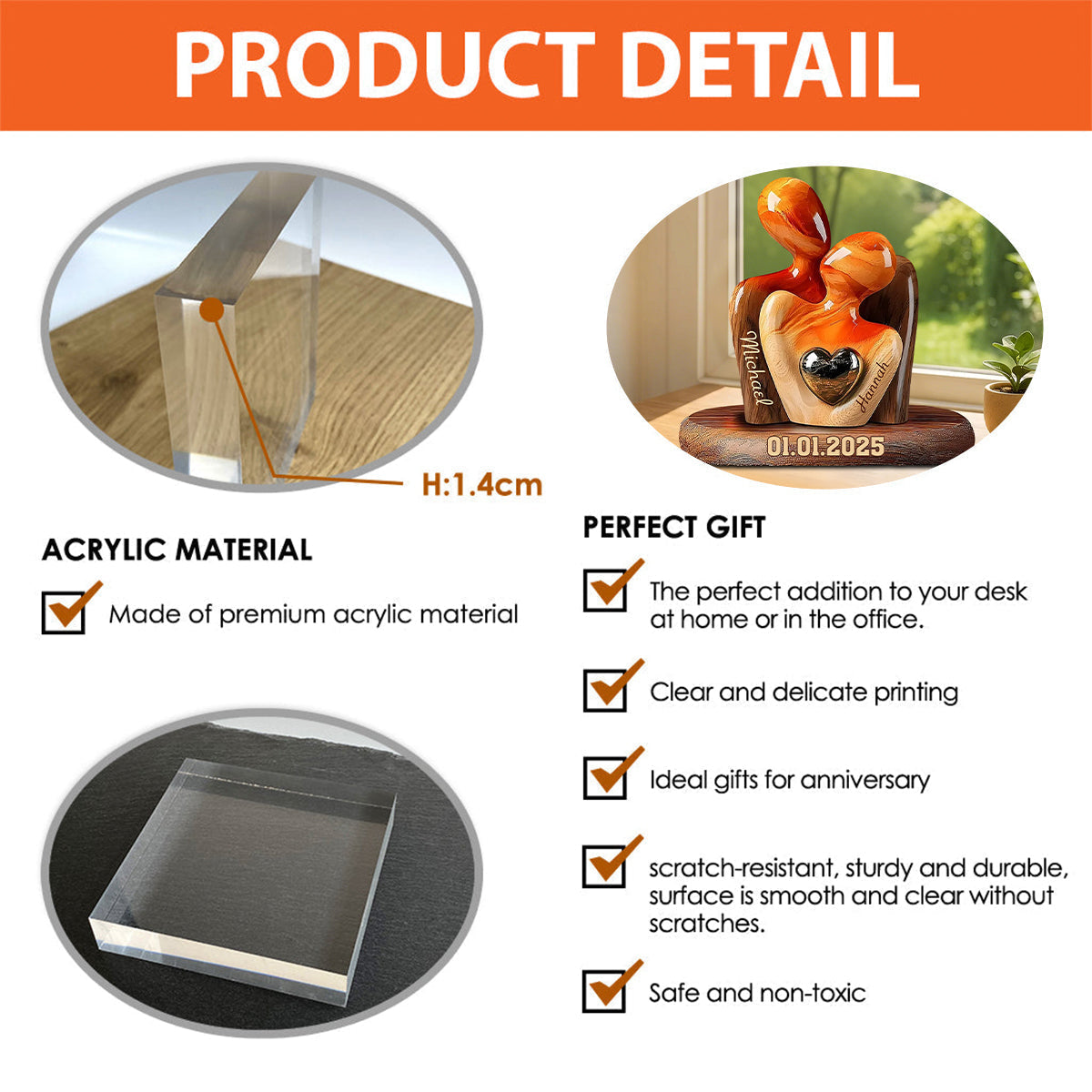 Elegant Couple Statue with Heart Inlay - Personalized Custom Shaped Acrylic Plaque, Gift for Couple