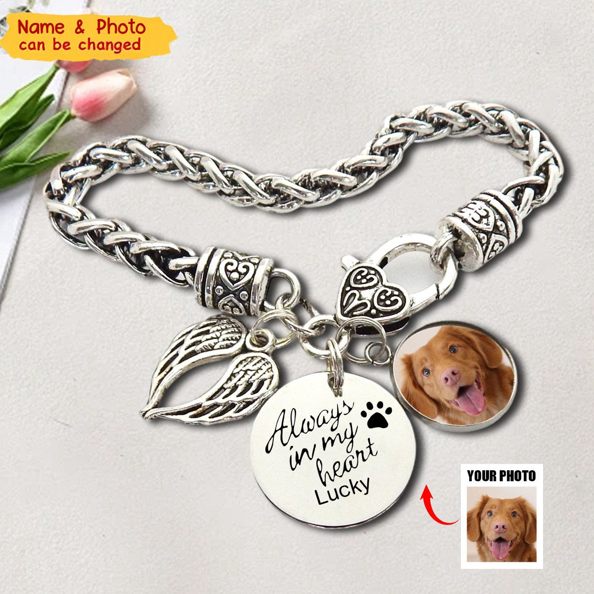 Pet Memorial Bracelet - Dog / Cat Sympathy Gift - Pet Loss Gifts - Pet Portrait Custom Gift Forever In Heart