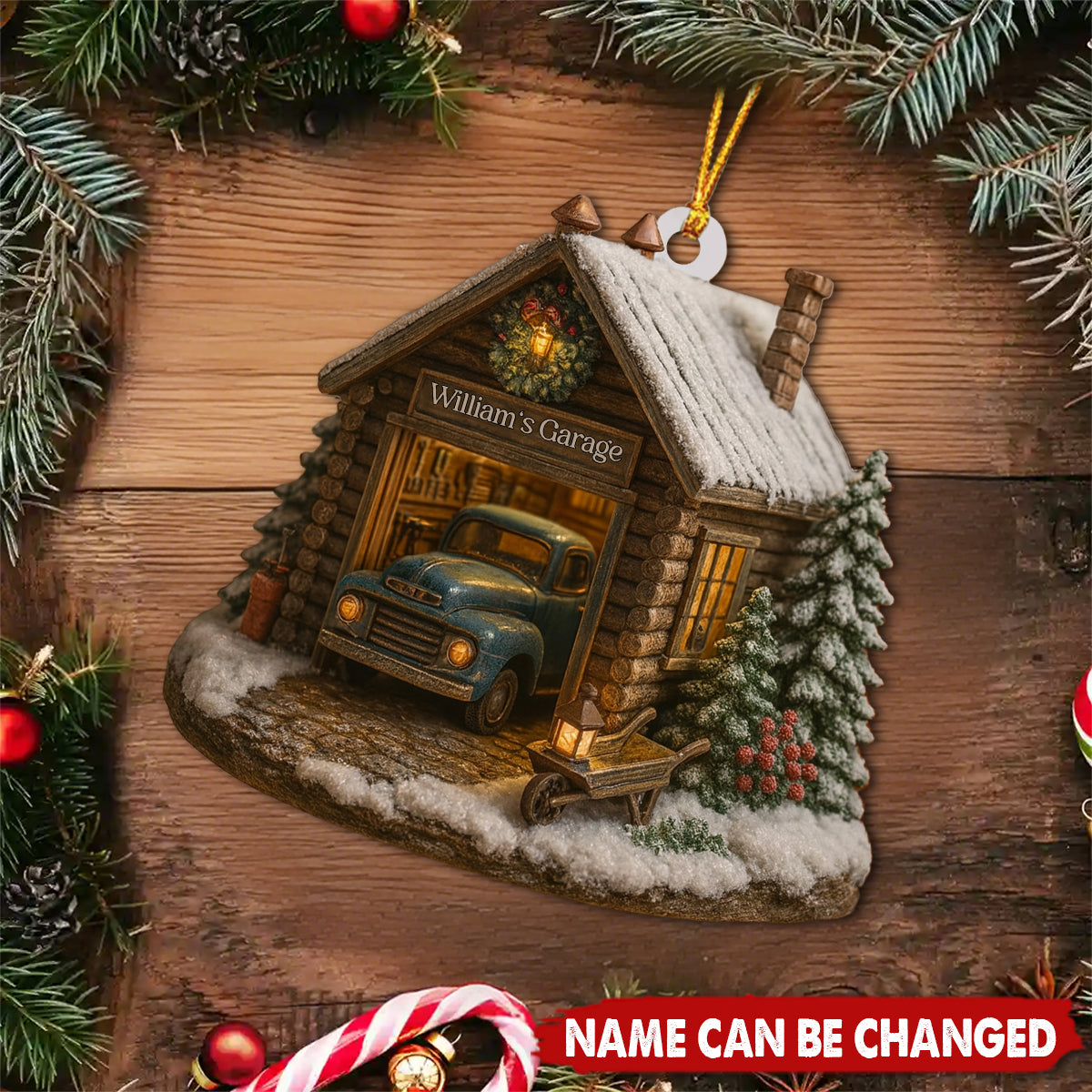 Welcome To Garage With Vintage Truck And Christmas Trees - Personalized Wooden Ornament