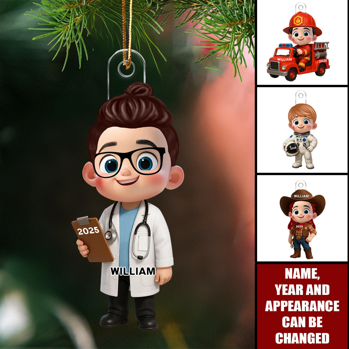 Little Kid Boy Dream Job Firefighter - Personalized Christmas Acrylic Ornament