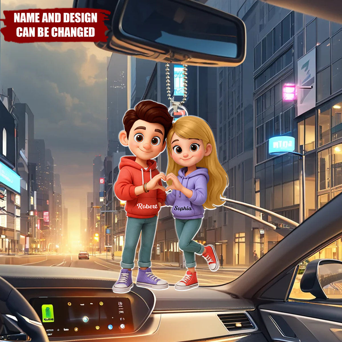 Cute Cartoon Couple Heartfelt Moment - Personalized Acrylic Car Hanger - Sentimental Gift for him, for her