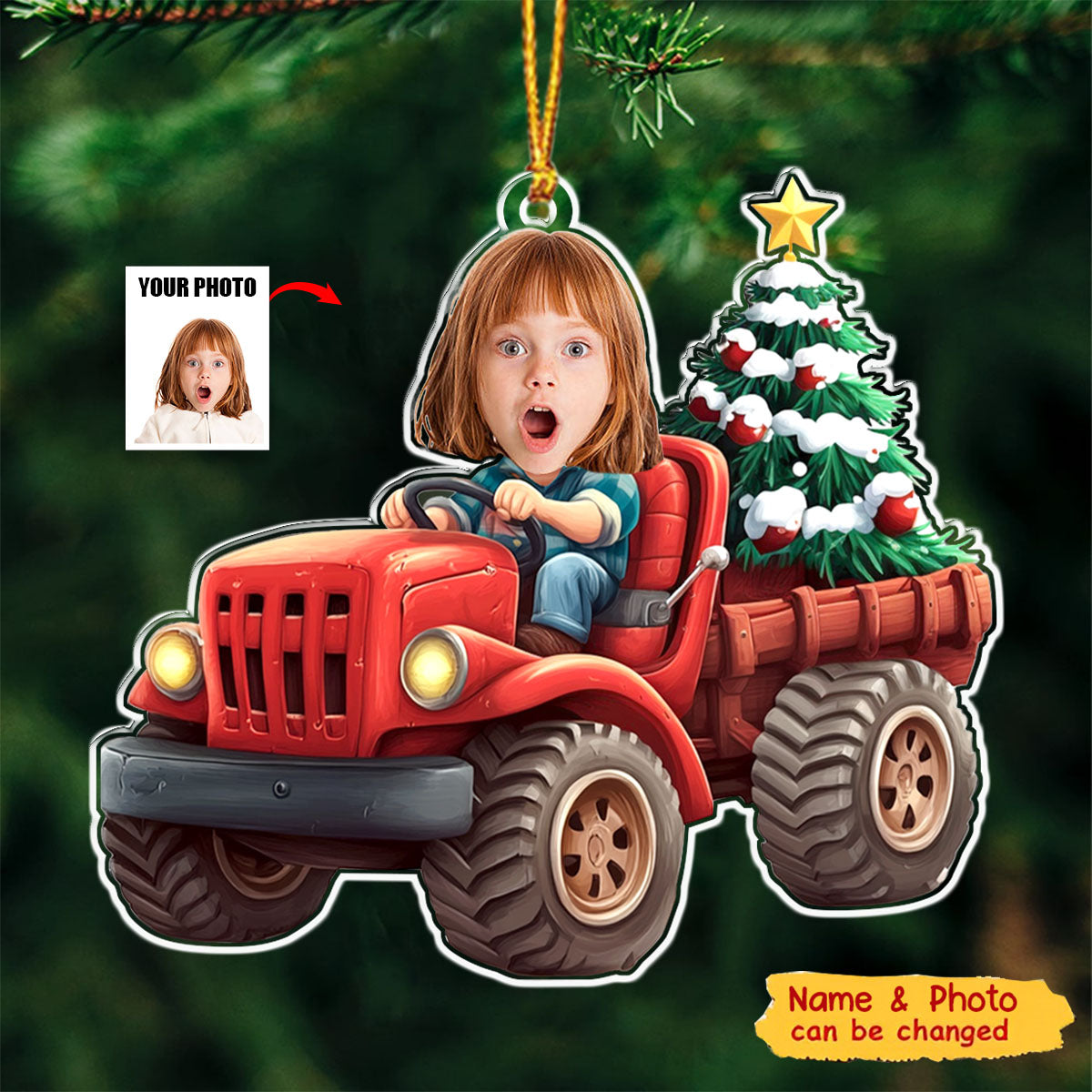 Kids Riding Red Truck With Christmas Tree - Personalized Acrylic Photo Ornament
