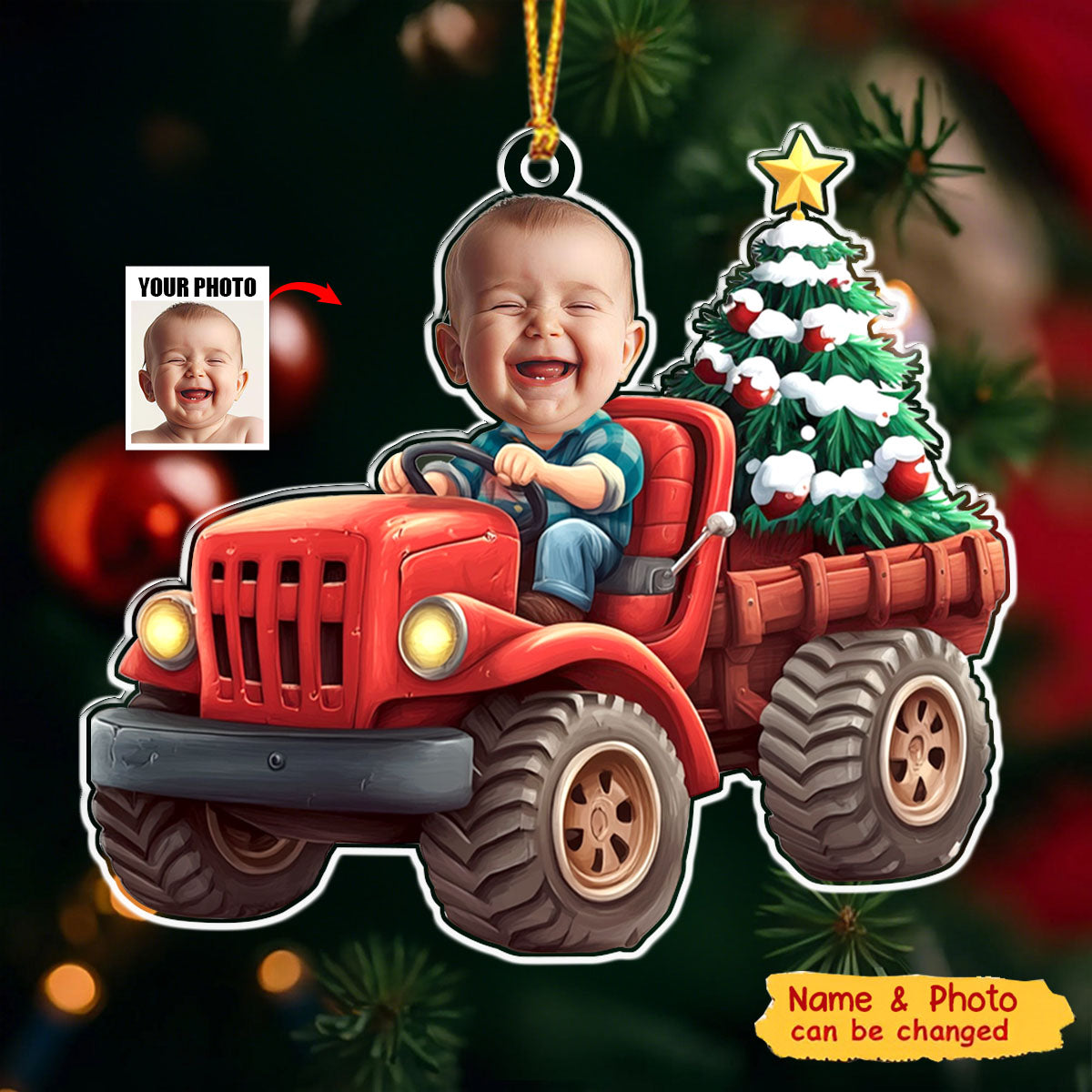 Kids Riding Red Truck With Christmas Tree - Personalized Acrylic Photo Ornament