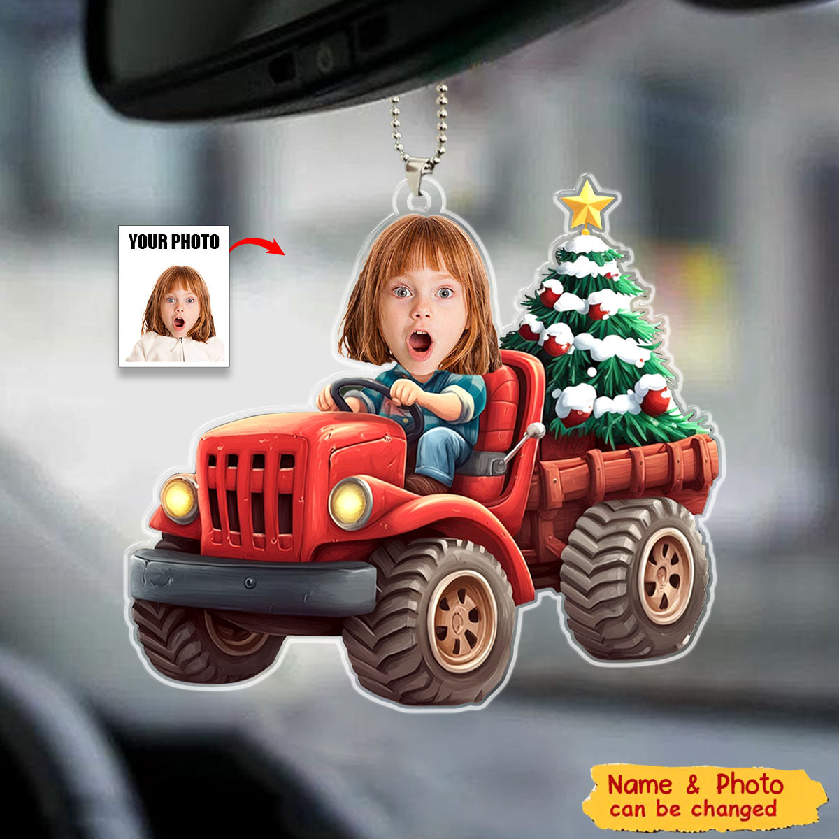 Kids Riding Red Truck With Christmas Tree - Personalized Acrylic Car Ornament