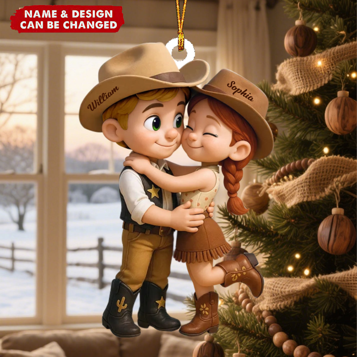 Cartoon Style Countryside Couple Cowboy Cowgirl Accessories Personalized Christmas Ornament