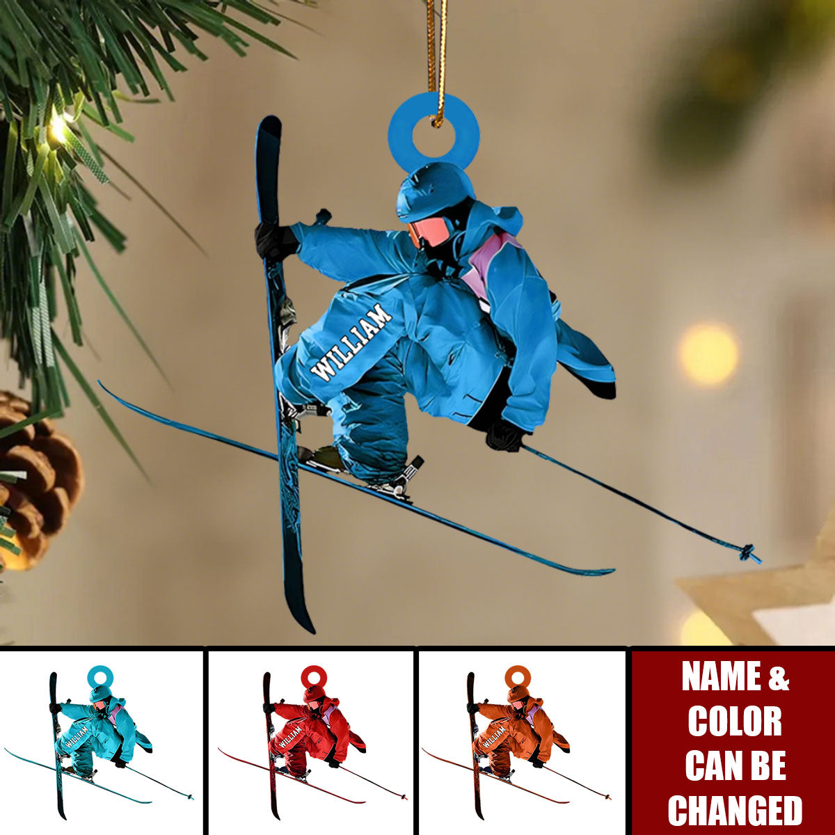 Personalized Skiing Acrylic Flat Ornament, Snowboard Ornaments for Christmas Tree