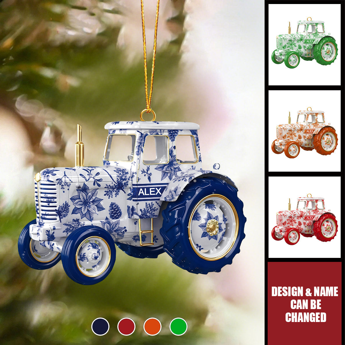 Personalized Tractor Ornament, Blue Toile de Jouy Floral Farm Design With Gold Details