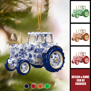 Personalized Tractor Ornament, Blue Toile de Jouy Floral Farm Design With Gold Details