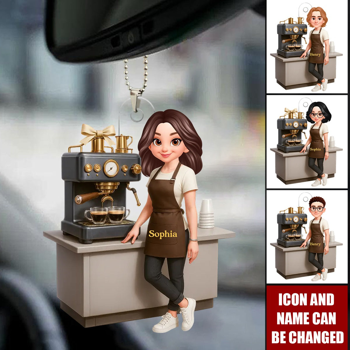 Espresso Machine Coffee Maker Diorama With Cups - Personalized Acrylic Car Ornament