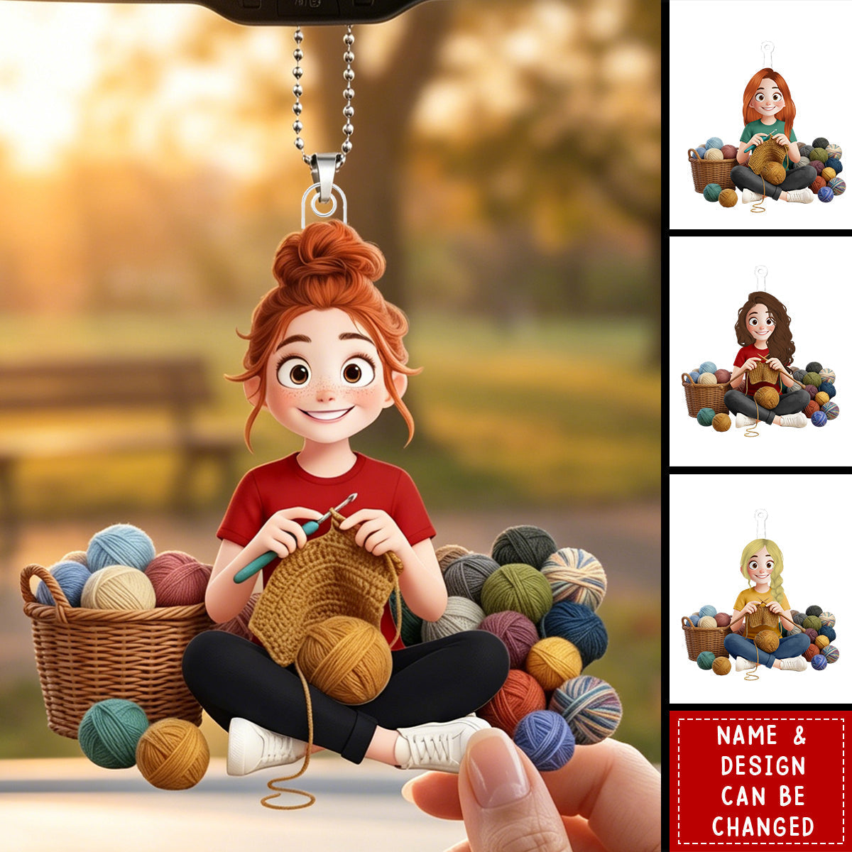 Personalized Acrylic Car Ornament - Cartoon Crochet Knitting Girl Hobby Keepsake