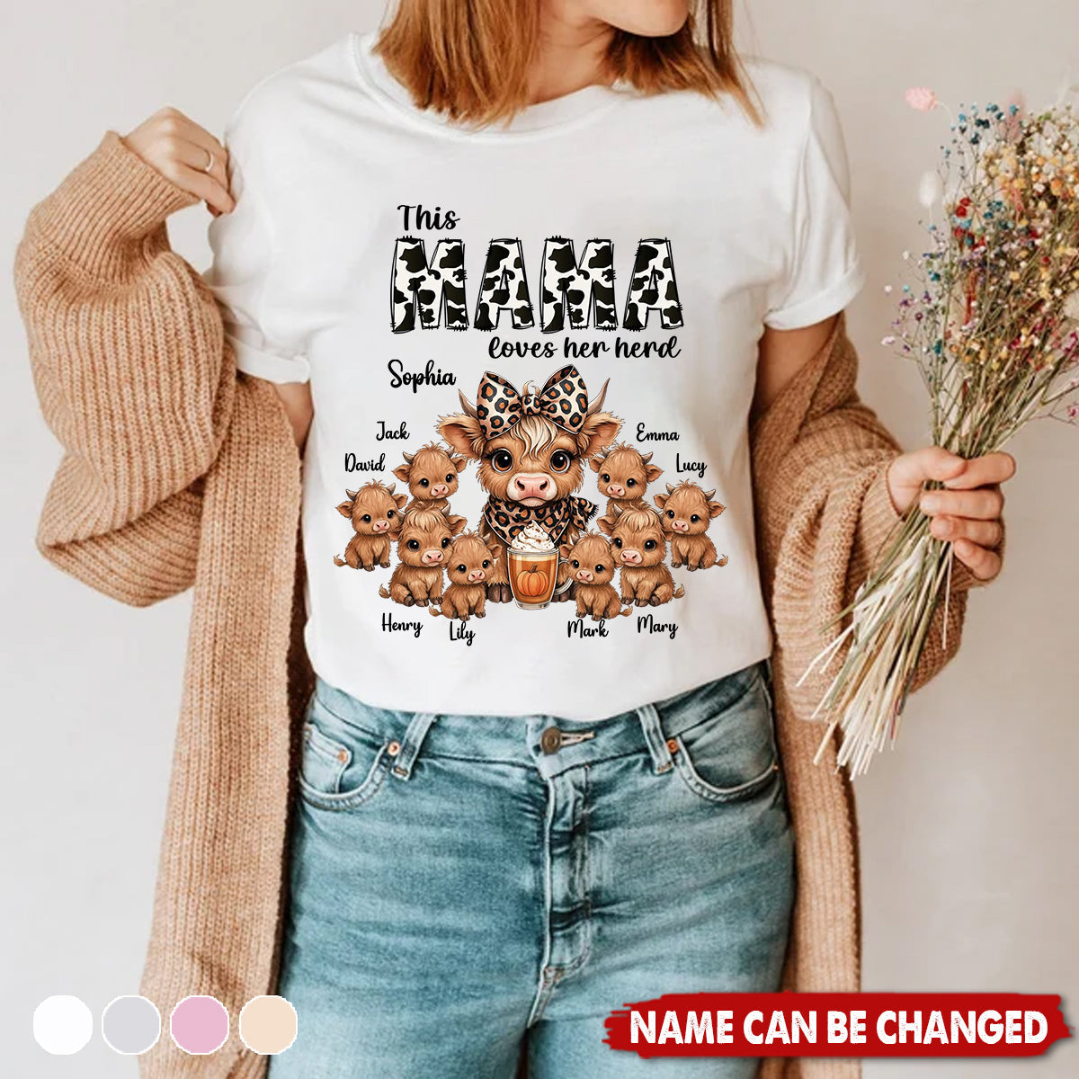 This Mama Grandma Loves Her Herds – Cozy Fall Vibe Personalized Highland Cow Family T-Shirt