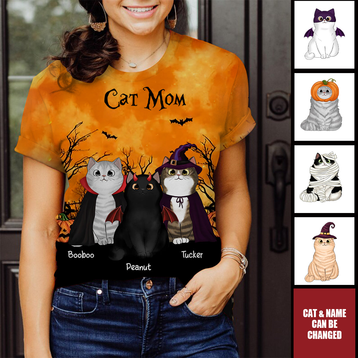 Cat Mom Halloween Moon Light Bat Tree Personalized Shirt, Purrfect Costume for Cat Lover