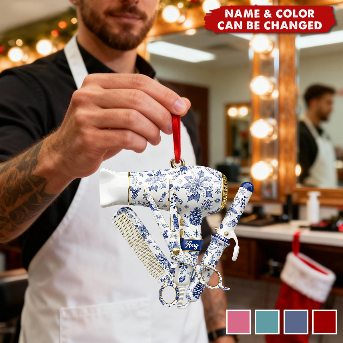 Hairstylist Toile de Jouy Ornament, Personalized Christmas Acrylic Ornament, Gift For Hairdresser, Stylist or Salon Owner