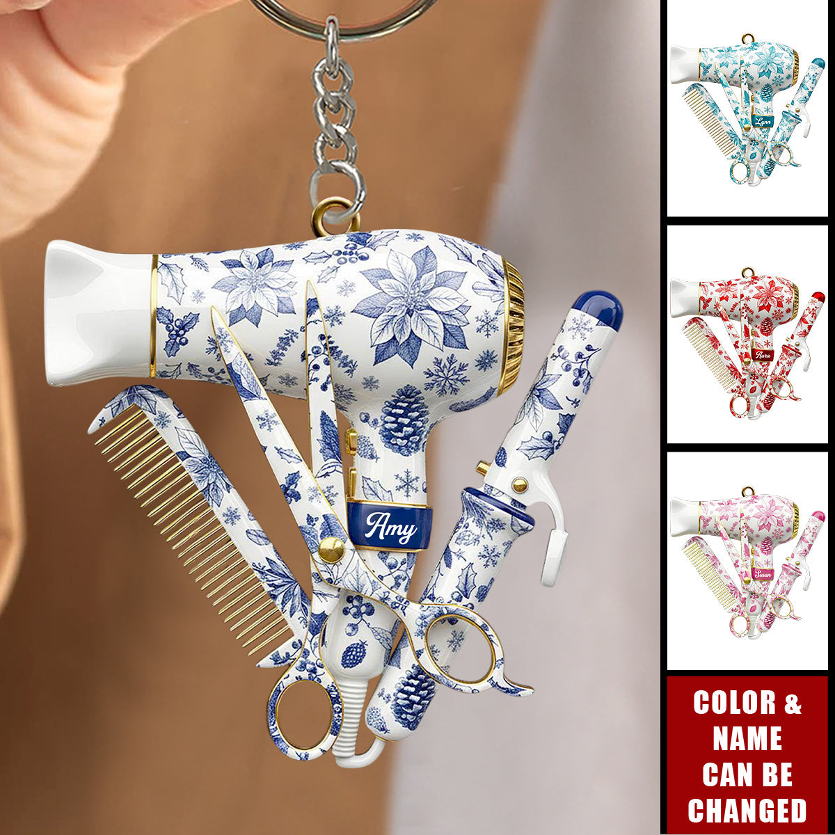 Hairstylist Toile de Jouy Keychain, Personalized Keychain, Gift For Hairdresser, Stylist or Salon Owner