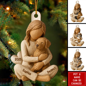 Girl & Her Dog - Personalized Wooden Ornament - Gift For Dog Lover