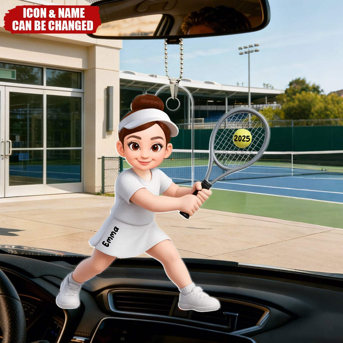 Girl Boy Playing Tennis - Personalized Acrylic Car Ornament - Gift For Tennis Players, Grandson, Granddaughter