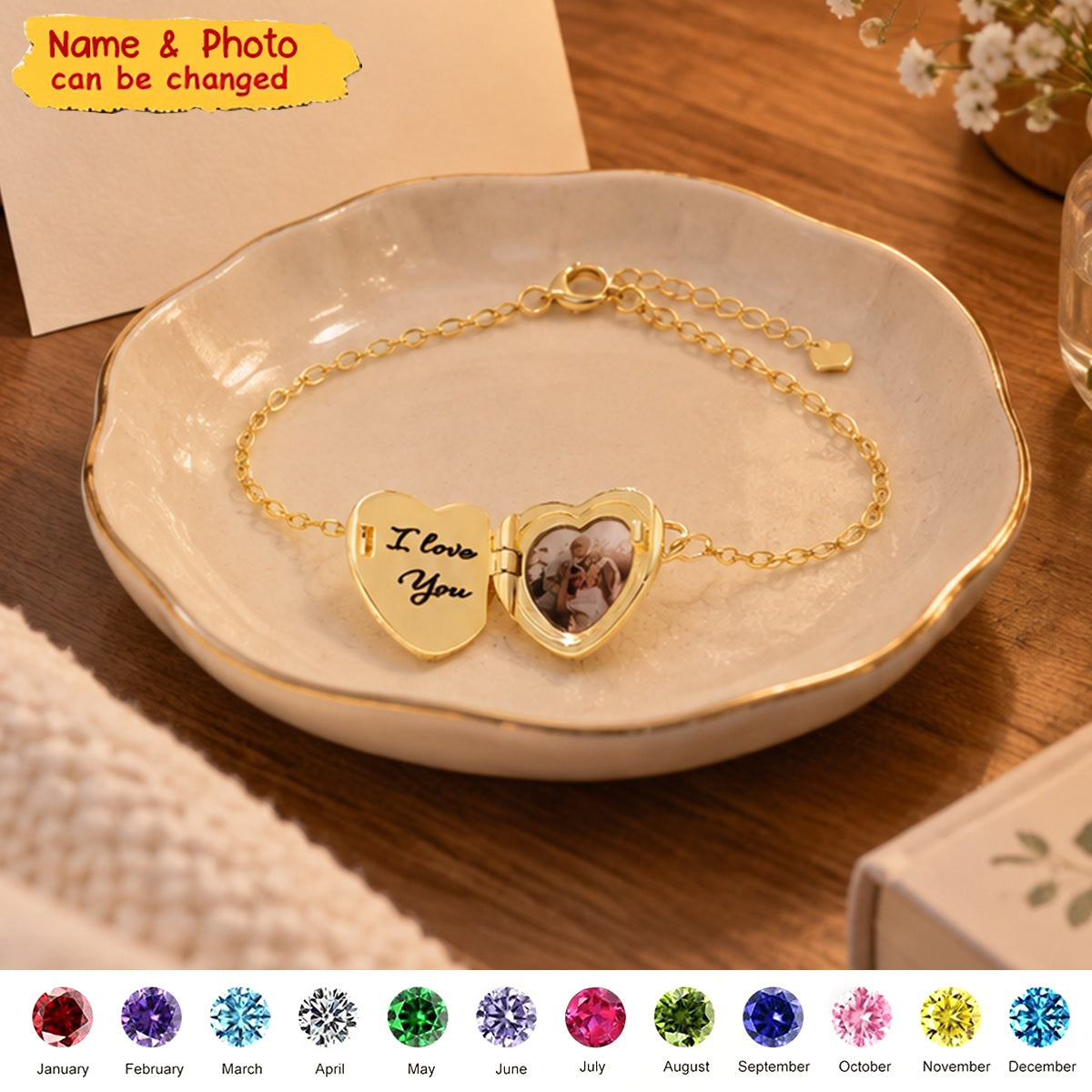 Custom Birthstone Heart Photo Memorial Bracelet