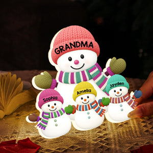 3D Effect Heartwarming Christmas Grandma Grandkids Snowman Together - Personalized Light Box - Gift For Grandmas