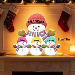 3D Effect Heartwarming Christmas Grandma Grandkids Snowman Together - Personalized Light Box - Gift For Grandmas
