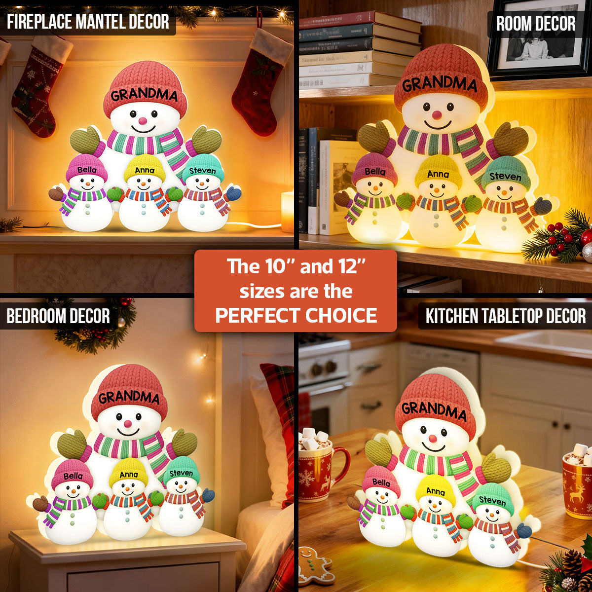3D Effect Heartwarming Christmas Grandma Grandkids Snowman Together - Personalized Light Box - Gift For Grandmas