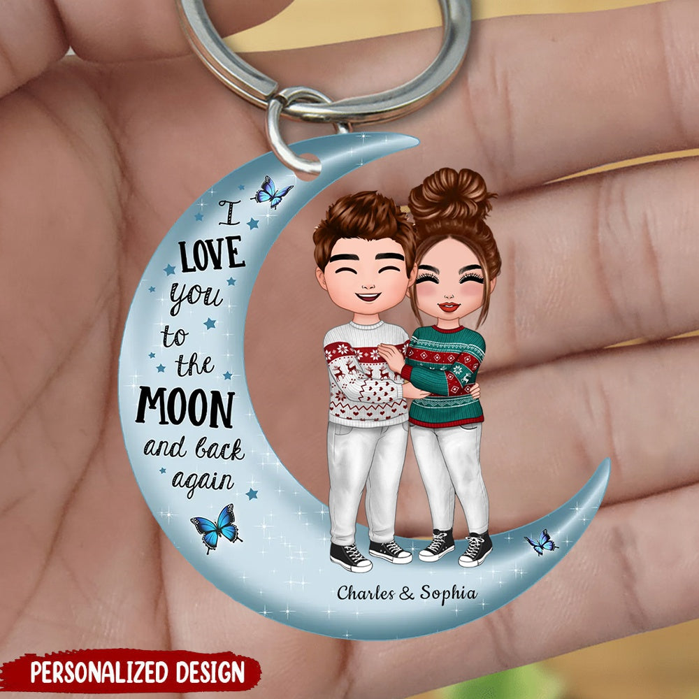 Christmas Doll Couple Standing Hugging On Moon Personalized Keychain