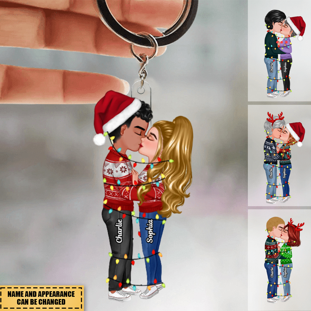 Christmas Couple Kissing With Light String Personalized Acrylic Keychain