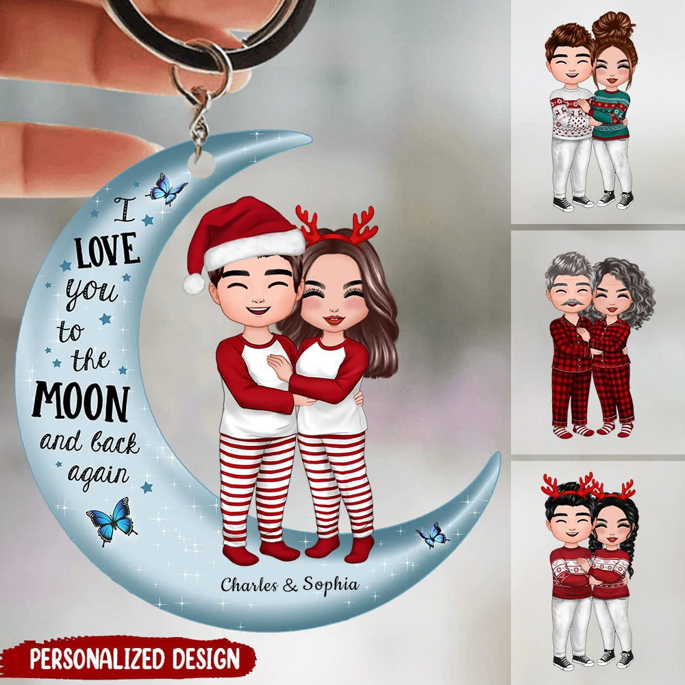 Christmas Doll Couple Standing Hugging On Moon Personalized Keychain